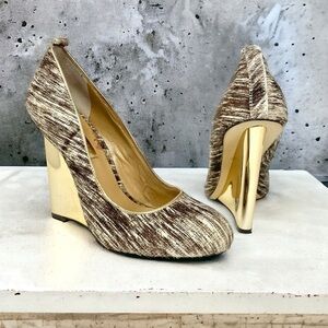 BCBGMaxAzria Ma-Valletta Calfhair and Gold Wedge Heels US 7